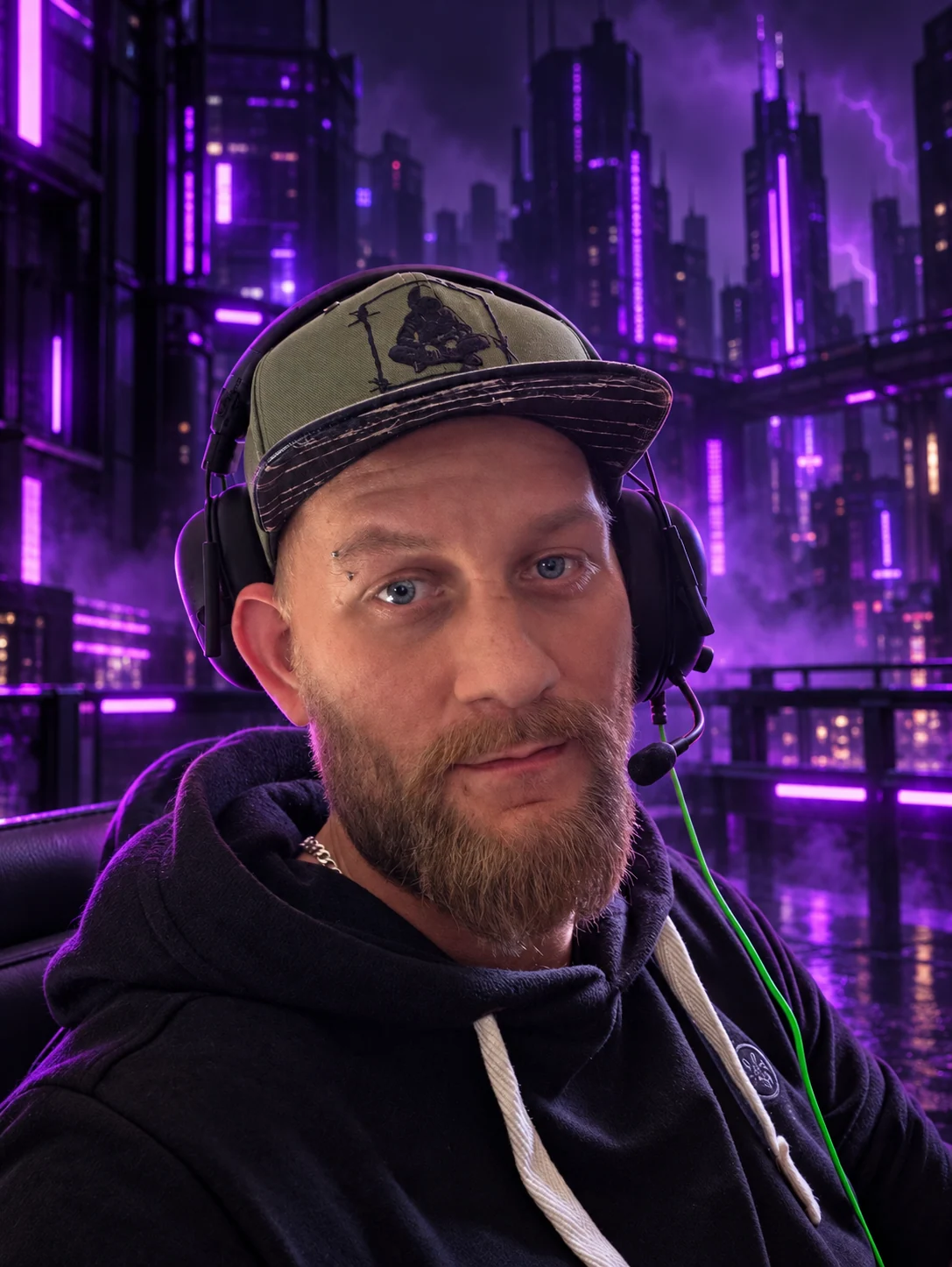 Dennis aka Gabber002 mit Cap und Headset vor einer violetten Neon-Stadt
