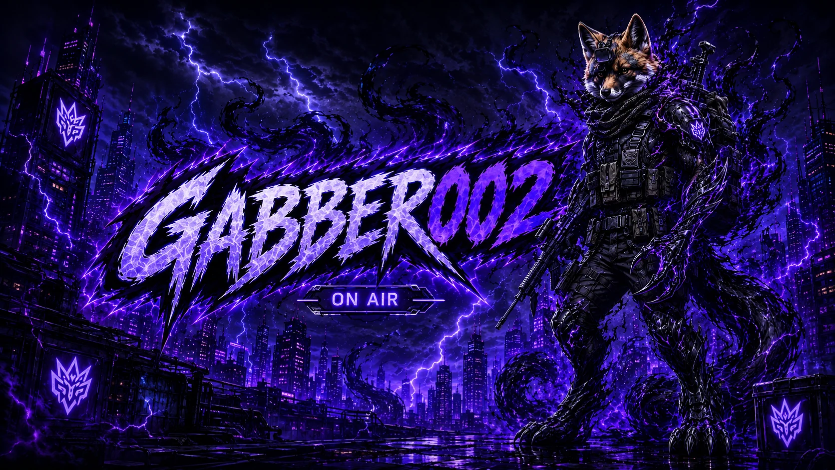 Gabber002 On Air – violette Blitze über einer futuristischen Stadt und ein Fuchs im Gaming-Kanaldesign